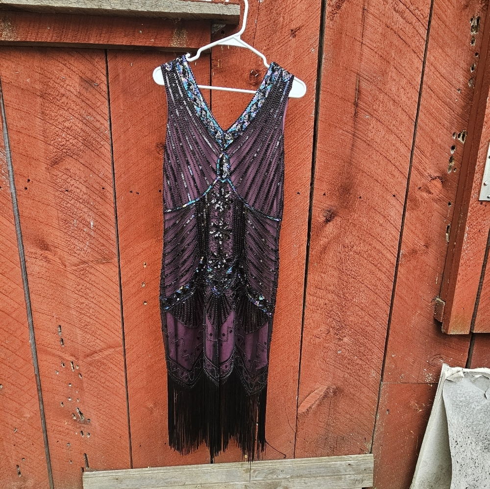 Unique Vintage Sequin Purple and Black Midi Dress Flapper Style